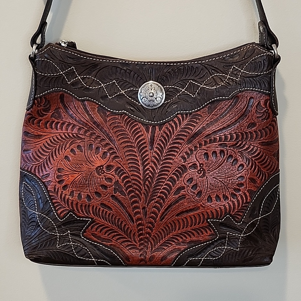 Vintage American West Leather Elegant Brown Patterned Shoulder Bag